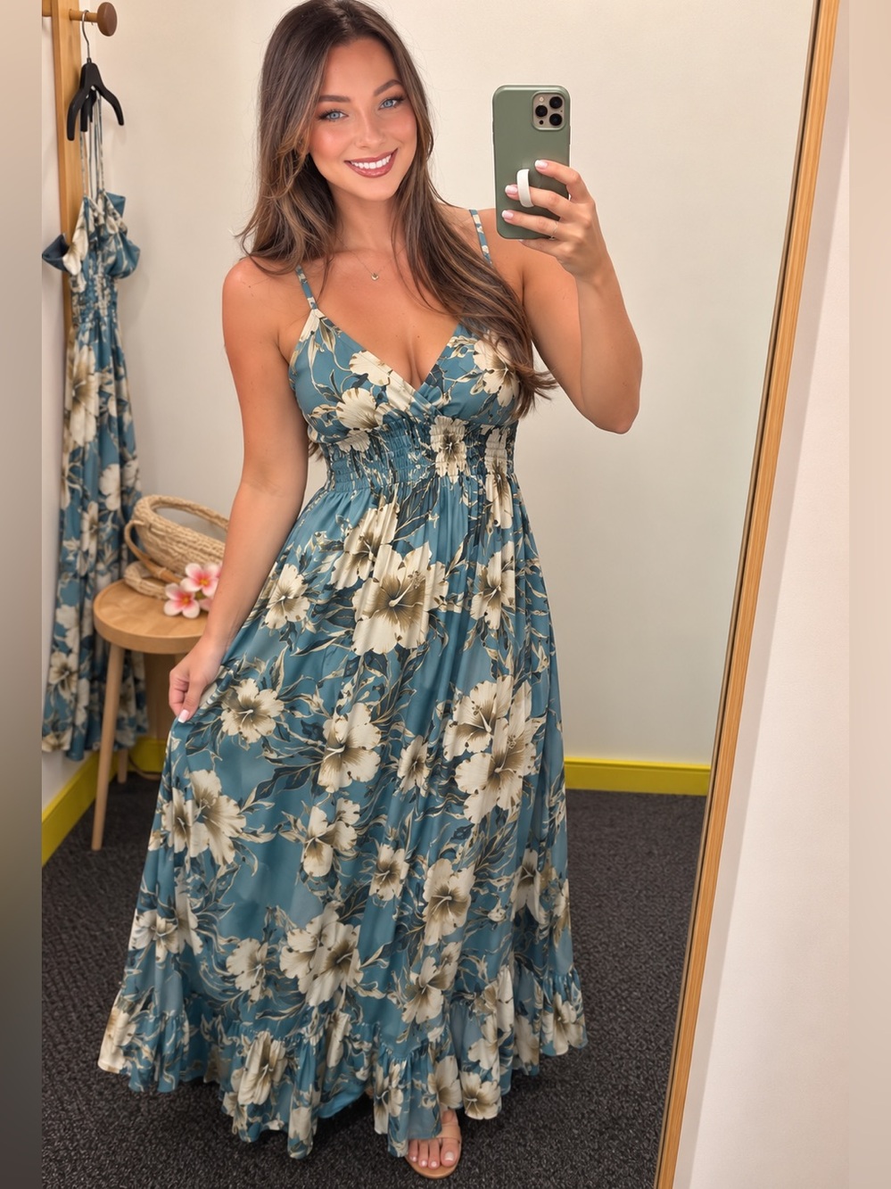 Floral Maxi Dress in Teal and Cream